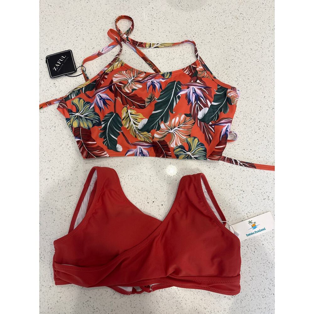 Zaful Tropical Floral & Beachsissi Red Wrap Bikini Tops Bundle NWT‎ Womens Small
